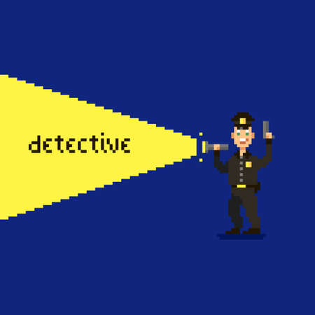 colorful simple flat pixel art illustration of smiling policeman holding a flashlight in one hand and a gun in the otherのイラスト素材