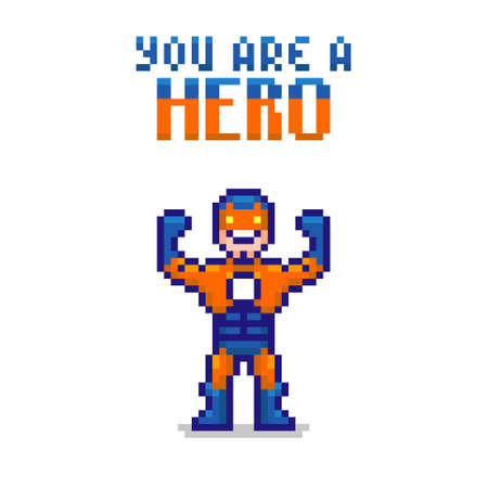 colorful simple flat pixel art illustration of smiling cartoon superhero in superhero pose for...