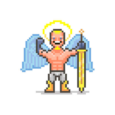 colorful simple flat pixel art illustration of smiling strong guardian angel with golden sword shows his bicepsのイラスト素材