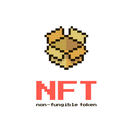colorful simple flat pixel art illustration of open cardboard box with inscription NFT non-fungible tokenのイラスト素材