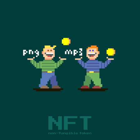 colorful simple flat pixel art illustration of two cartoon funny guys exchanging gold coins and image and music file formatsのイラスト素材