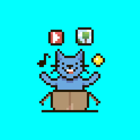 colorful simple flat pixel art illustration of cartoon smiling crypto cat sitting in an open...