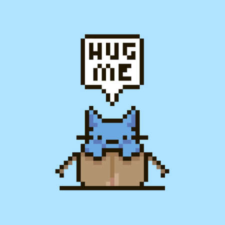 colorful simple flat pixel art illustration of cartoon cute kitten sitting in an open cardboard box and speech-bubble with text hug me in itのイラスト素材