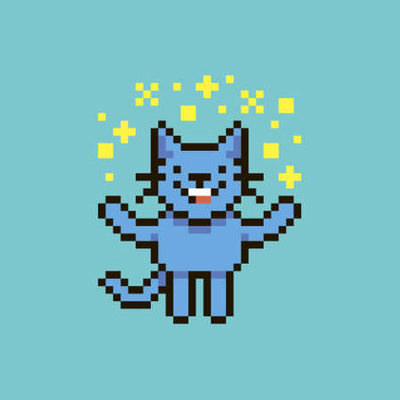 colorful simple flat pixel art illustration of cartoon smiling crypto cat showing a magical glow overheadのイラスト素材