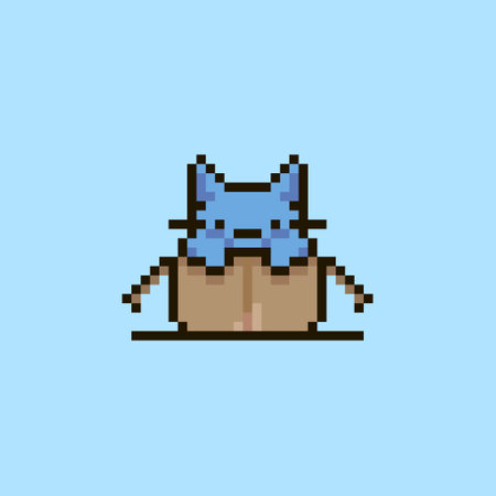 colorful simple flat pixel art illustration of cartoon cute kitten sitting in an open cardboard boxのイラスト素材