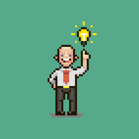 colorful simple flat pixel art illustration of cartoon smiling guy in a white shirt with a red tie next to him glows a light bulbのイラスト素材