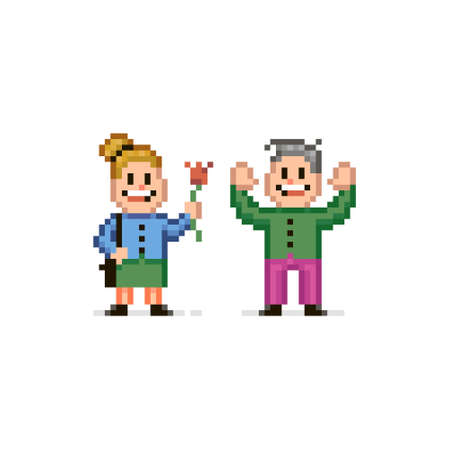 colorful simple flat pixel art illustration of smiling girl giving a flower to a joyful guyのイラスト素材