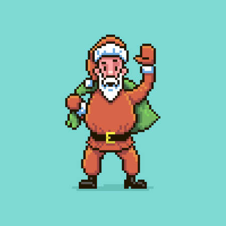 colorful simple flat pixel art illustration of Santa Claus holding a green bag with gifts behind his backのイラスト素材