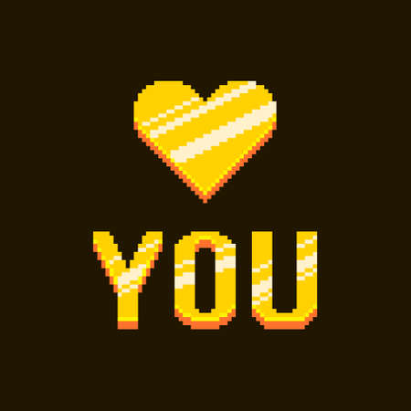 colorful simple flat pixel art illustration of cartoon golden inscription love you with abstract...