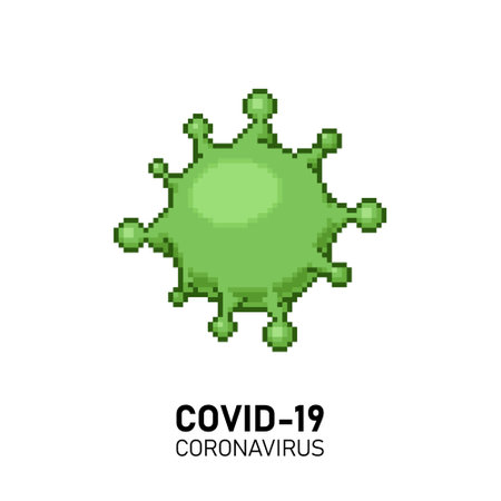 colorful simple flat pixel art illustration of cartoon image of green bacteria coronavirus labeled covid-19のイラスト素材