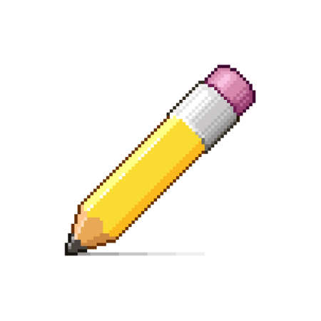 colorful simple flat pixel art illustration of cartoon yellow pencil with pink eraser on its backのイラスト素材