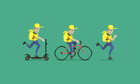 colorful simple flat pixel art illustration of cartoon character delivery men in yellow uniform with yellow backpacks wich riding on electric scooter, bike and roller skateのイラスト素材