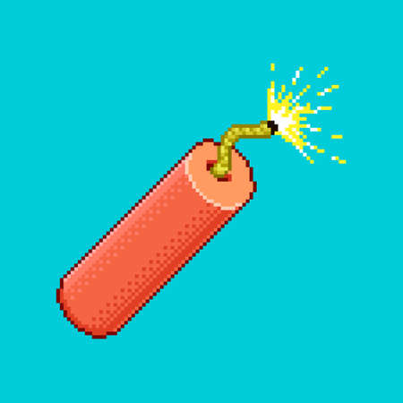colorful simple flat pixel art illustration of cartoon red burning stick of dynamite or firecrackerのイラスト素材