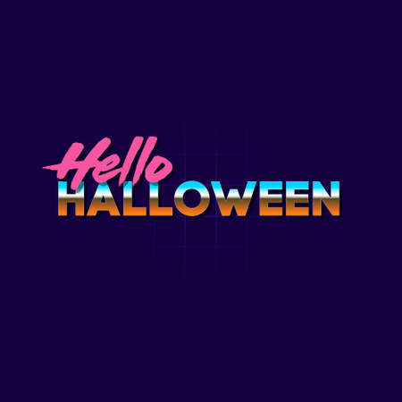 colorful simple vector illustration in 80s style of headline of signboard with text hello halloweenのイラスト素材