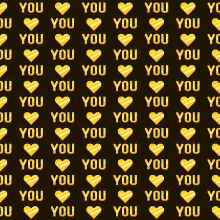 simple vector pixel art colorful seamless pattern of word you and heart shape in gold or yellow color on black backgroundのイラスト素材