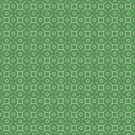 simple vector pixel art seamless pattern of minimalistic abstract square, rhombus, circle ornate tile on green backgroundのイラスト素材