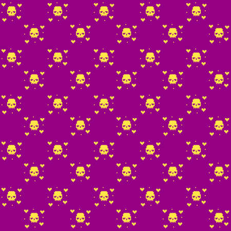 simple vector pixel art seamless pattern of abstract human skull and crossbones on velvet violet backgroundのイラスト素材