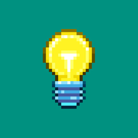 simple vector pixel art sign of cartoon yellow light bulb on green backgroundのイラスト素材