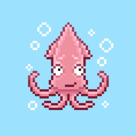 simple vector pixel art sign of cartoon smiling modest cute squid looking upのイラスト素材