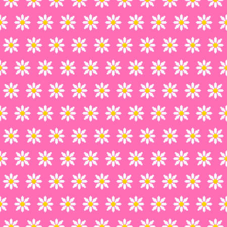 colorful simple vector pixel art seamless pattern of cartoon white chamomile flower on pink backgroundのイラスト素材