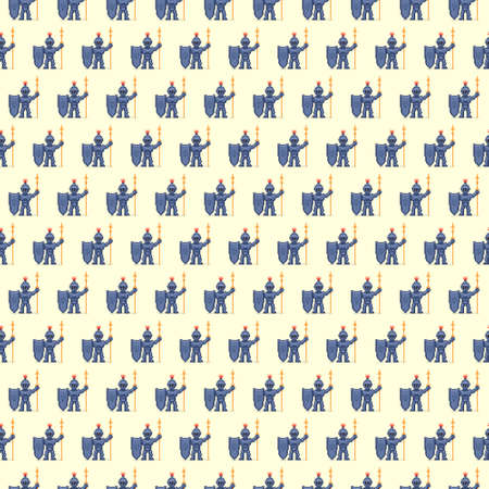 colorful simple vector pixel art seamless pattern of cartoon plate knight with a shield and a pike or spear in his hands on light beige backgroundのイラスト素材