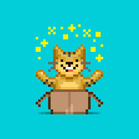 colorful simple flat pixel art illustration of cartoon smiling tiger sitting in an open cardboard box and showing a magical glow overheadのイラスト素材