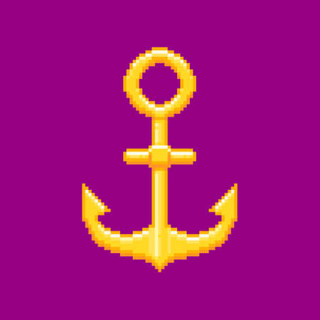 colorful simple flat pixel art illustration of navy golden luxury ship anchor in the style of retro video games in violet backgroundのイラスト素材
