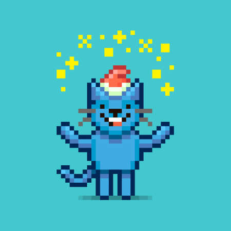colorful simple flat pixel art illustration of cartoon smiling blue cat in santa red hat showing a magical glow overheadのイラスト素材