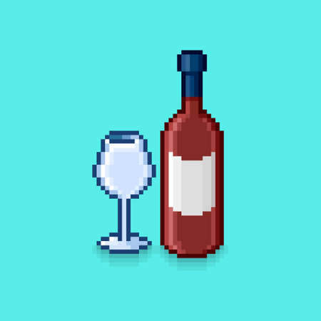 colorful simple flat pixel art illustration of bottle of red wine and wineglass besideのイラスト素材