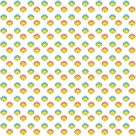 simple vector pixel art green seamless pattern of cartoon cute mushroom characters with red and blue hat on white backgroundのイラスト素材