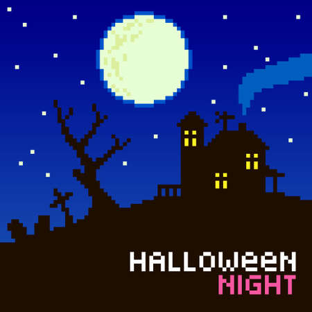 colorful simple vector flat pixel art illustration of cartoon dark silhouette of a house with glowing windows with a dry tree and tombstones and a cross under a full moon and an text halloween nightのイラスト素材