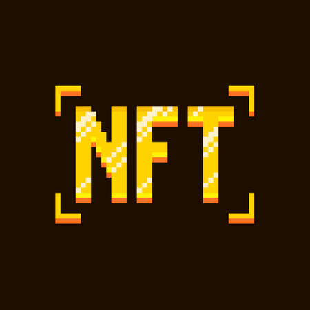 colorful simple flat pixel art illustration of cartoon golden inscription lettering NFT or non-fungible tokenのイラスト素材