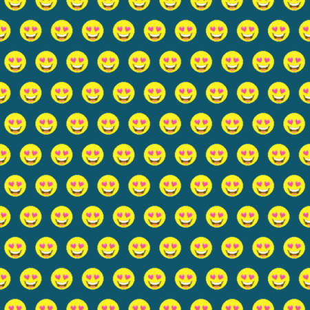 colorful simple vector pixel art seamless pattern of cartoon round yellow laughing love emoticon with hearts instead of eyesのイラスト素材