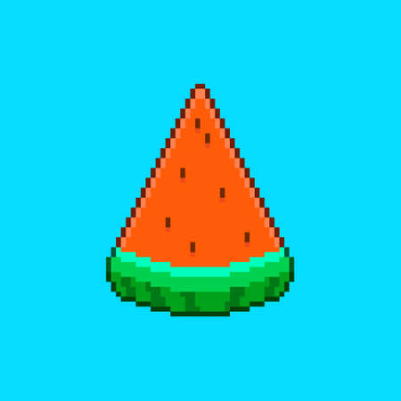 colorful simple flat pixel art illustration of cartoon triangular slice of watermelon with pitsのイラスト素材