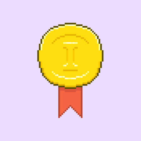 colorful simple flat pixel art illustration of round gold medal or first place badge with red ribbonのイラスト素材
