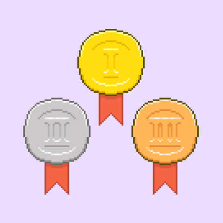 colorful simple flat vector pixel art set of golden, silver and bronze medals of first, second and third placeのイラスト素材