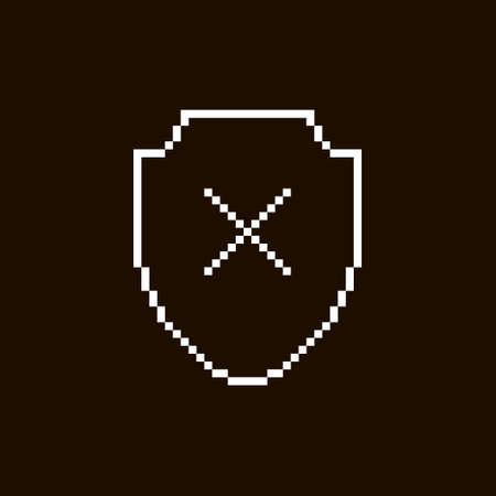 monochrome simple vector flat pixel art illustration of white shield with cancel cross symbol on black backgroundのイラスト素材