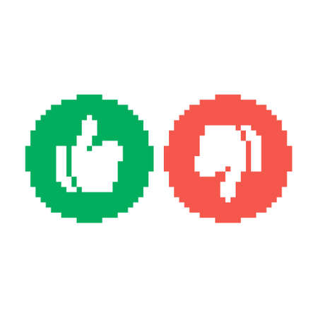 colorful simple vector flat pixel art set of round green icon with thumb up and round red icon with thumb down symbolのイラスト素材