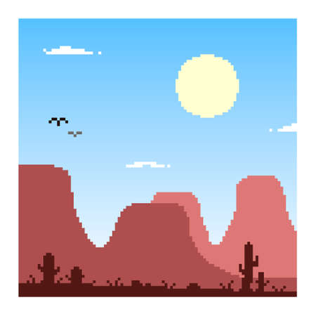 colorful simple vector flat pixel art illustration of arizona or utah desert mountains landscapeのイラスト素材