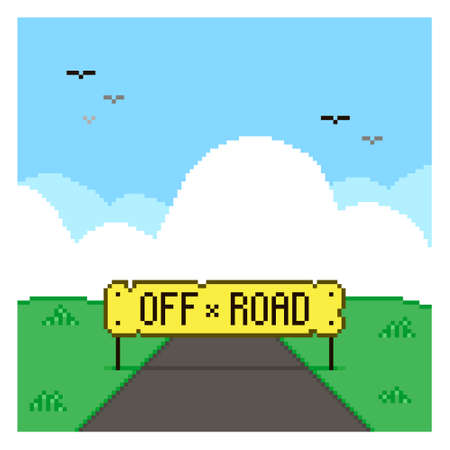 colorful simple vector flat pixel art illustration of cartoon summer landscape road and off road...