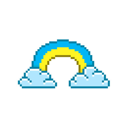 colorful simple vector flat pixel art illustration of cartoon rainbow colors of the flag of Ukraine between two cloudsのイラスト素材