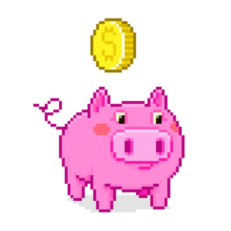 colorful simple vector flat pixel art illustration of cartoon cute pink piggy bank with golden dollar coinのイラスト素材