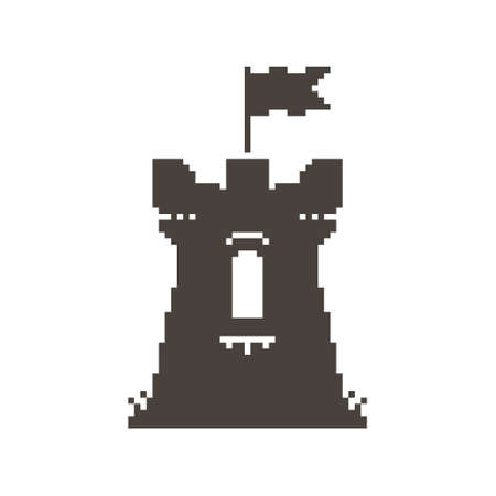 black and white simple vector pixel art sign of a medieval tower with window and flowing flag on topのイラスト素材