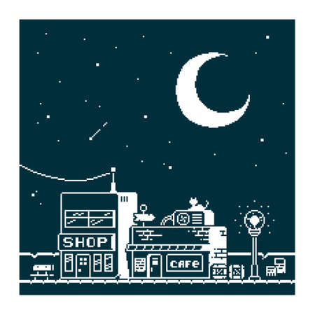 Black and white simple vector 1bit pixel art illustration of night street with a cafe and a shop in the style of old arcade gamesのイラスト素材