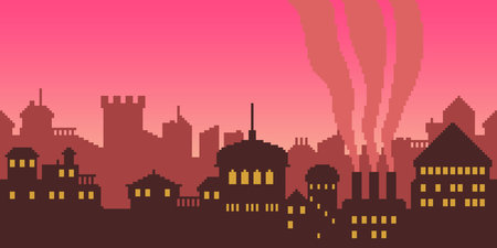 Colorful simple vector pixel art horizontal illustration of silhouette of city buildings. Cityscape in the style of a platformerのイラスト素材