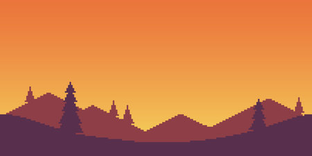 Colorful simple vector pixel art horizontal illustration of morning mountain landscape with fir trees in retro platformer styleのイラスト素材