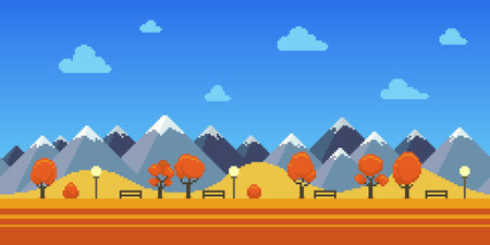 Colorful simple cartoon vector pixel art seamless endless horizontal illustration of autumn park with view of the snowy peaks of the mountains in retro platformer style. Arcade scrのイラスト素材