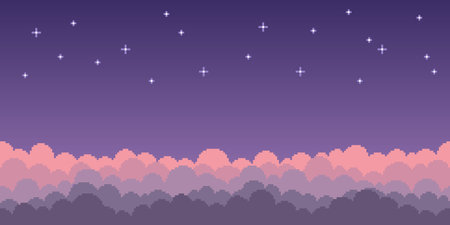 Colorful simple vector pixel art seamless endless horizontal illustration of curly clouds in the starry sky in retro platformer style. Arcade screen for game designのイラスト素材