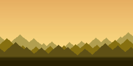 Colorful simple vector pixel art seamless endless horizontal illustration of silhouettes of sharp mountains under the morning sky in retro platformer style. Arcade screen for gameのイラスト素材