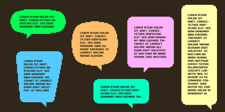 Set different shape pixel art multicolored speech bubble. Geometric texting dialogue boxes. Colored quote box speech bubbleのイラスト素材